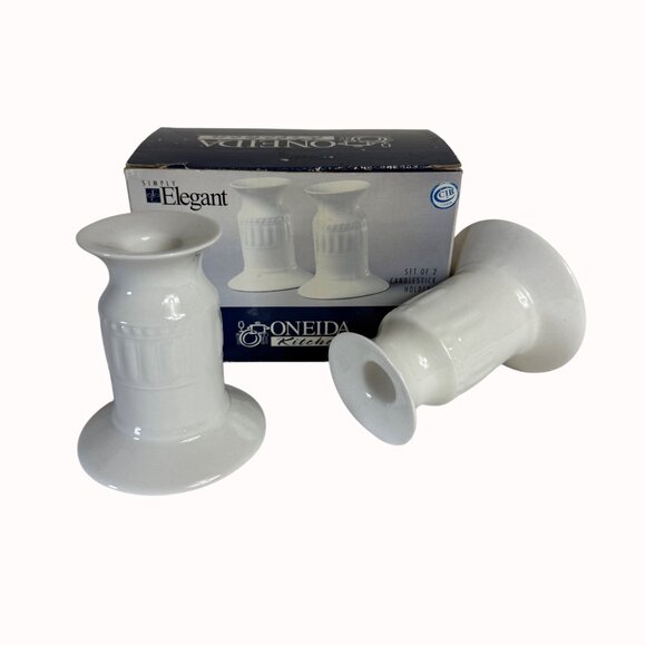 Oneida Taper Candle Ariel Holders Set Of 2 White Ceramic Simple Elegant Design - Picture 11 of 16